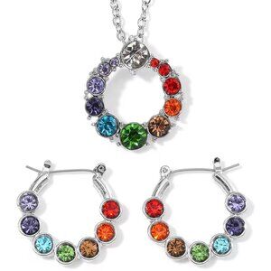 Seven Chakra Color Austrian Crystal Circle Necklace 20-22" and Hoop Earrings